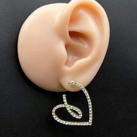 Yellow Gold and White Diamond Crystal Mismatched Heart Post Back Drop Earrings - Picture 9 of 10